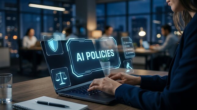 AI Policies concept on laptop screen, business professional working in modern office at night