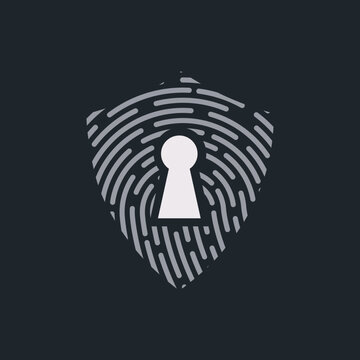 Cyber security logo icon with fingerprint shield and keyhole vector illustration