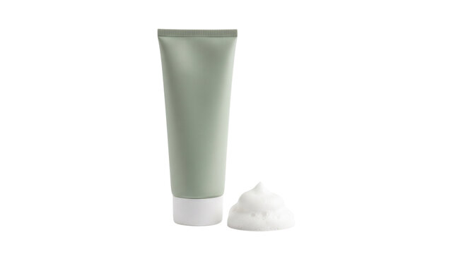 Minimalist sage green cosmetic tube, blank skincare packaging mockup, organic beauty cream product on white background