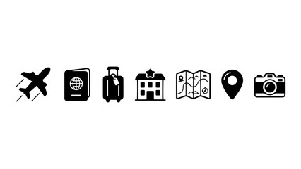 Fototapeta premium Travel and Tourism Icon Set, Airplane, Passport, Suitcase, Hotel, Map, Location Pin, Camera, Simple Black Vector Symbols for Web and Mobile UI Design