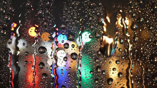 Rain drops on window glass with blurred colorful night city street lights creating abstract bokeh effect background, capturing atmospheric urban scene at dark evening time