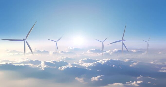 3d animation of wind turbines in cloudscape with bright sun light background. Sustainable clean energy related 3d animation.