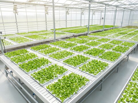 Large Commercial Hydroponic Greenhouse Channel System with Rows of Lettuce
