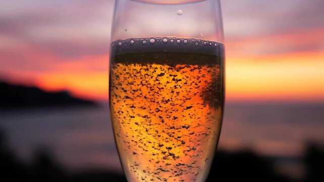 Close-up of champagne flute filled with sparkling golden beverage against backdrop of vibrant sunset over ocean horizon creating celebratory atmosphere.