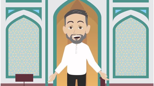 2D animation of a bearded Muslim man in white shirt standing with open arms near traditional mosque archways