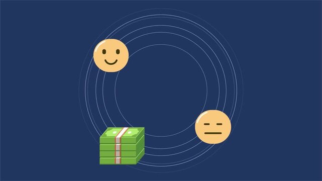 2D animation of a stack of cash banknotes rotating with positive and neutral satisfaction emoji icons finance idea