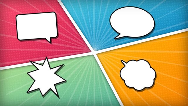 Comic book style speech bubble reveal animation with pop art aesthetic