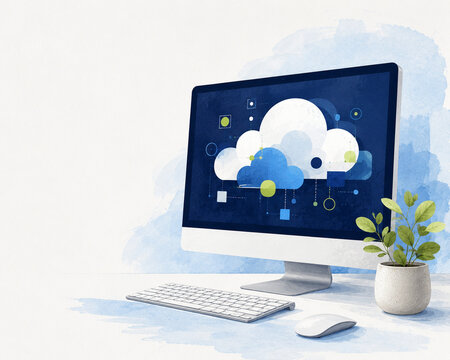 Desktop computer displaying a cloud computing concept with plant