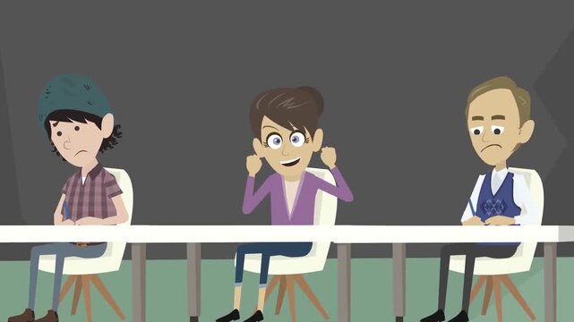 2D animation of a diverse group of corporate colleagues sitting at a long table writing during an office seminar