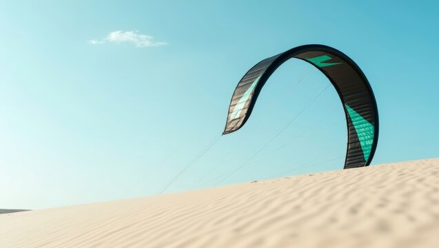 Curved kitesurfing kite standing upright on sand dunes, bright blue sky, symbolizing summer sports, vacation, and outdoor adventure