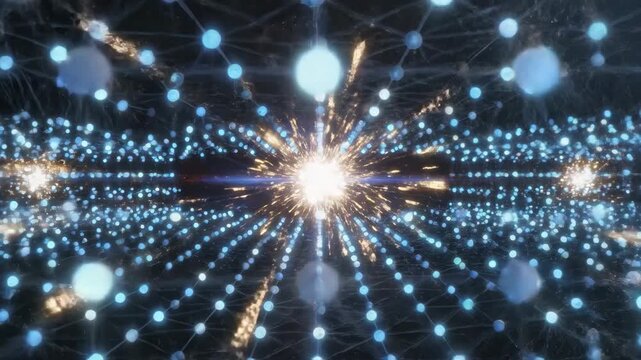 Abstract digital network of glowing blue light points connected by lines, central bright energy burst emitting golden particles through conceptual data pathways