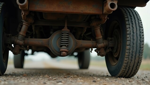 Vintage vehicle's rear axle and suspension system resting on a gravel road, showcasing rust and weathered automotive mechanics