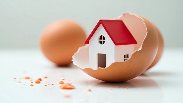 Miniature white house with a red roof hatching from a cracked brown egg, representing growth, new beginnings, and home ownership