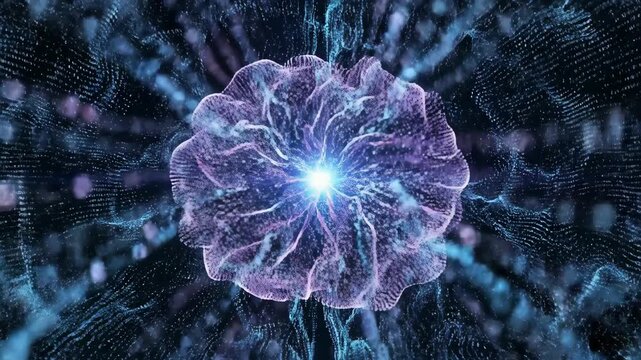 Digital representation of human brain or artificial intelligence system, glowing blue and purple particles forming complex neural network structure with bright central light source, abstract technolog