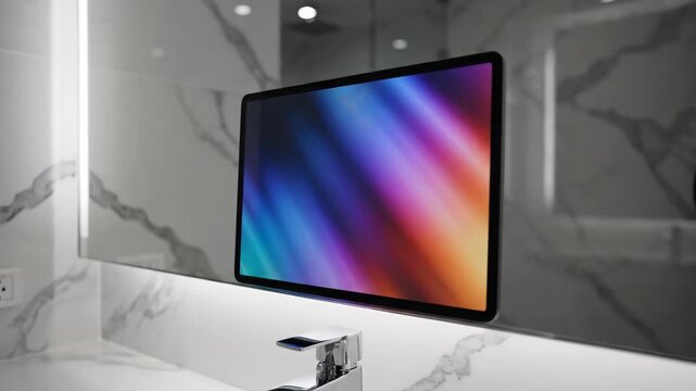 Modern bathroom interior with white marble countertop, elegant sink, chrome faucets, and large mirror reflecting digital tablet showing abstract vibrant colors and contemporary design