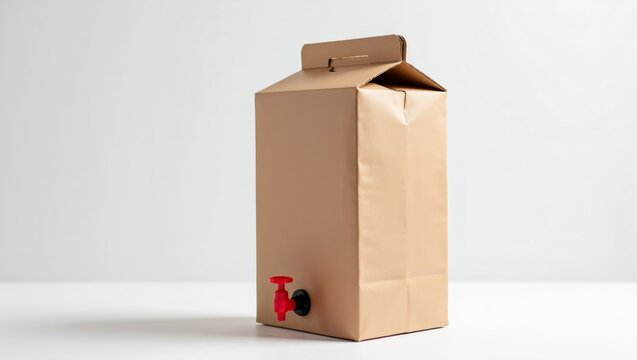 Unlabeled cardboard bag in box packaging with a red tap for dispensing liquid, standing on a clean white surface