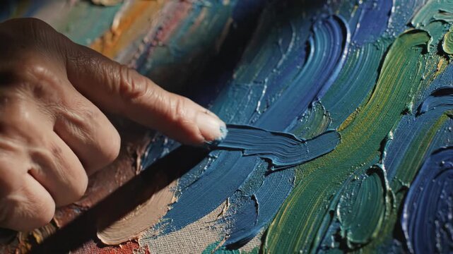 Close up view of artist hand creating an abstract oil painting on canvas using finger for textured application of rich blue and green paint brushstrokes