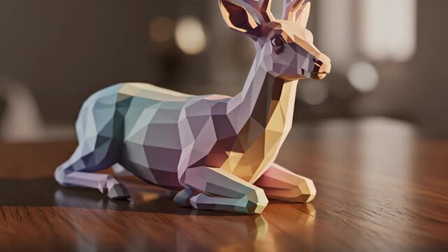 Low polygon geometric deer figure resting on wooden surface, artistic polygonal animal sculpture with multicolored facets, abstract design object creation showing light play