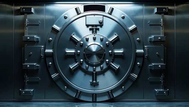 Metallic bank vault door with a complex locking mechanism, symbolizing secure assets, wealth preservation, and risk management
