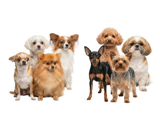 Fototapeta premium Group of small cute dogs sitting together looking at the camera isolated on transparent background