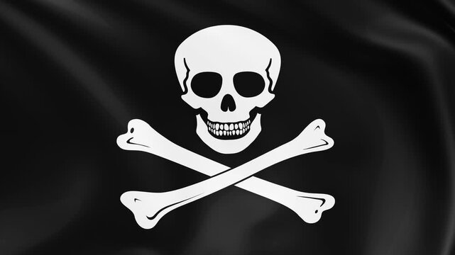 Jolly Roger pirate flag waving in the wind, black satin flag with skull, 4k animation.