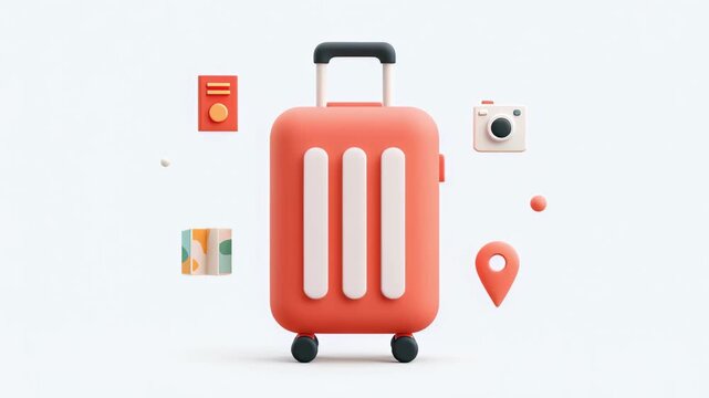 Colorful 3d animation of a spinning suitcase with essential travel items like a passport, camera, map, and location pin, representing tourism, vacation planning, and adventure journey concepts