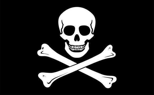 Jolly Roger pirate flag icon, skull with bones isolated on black, vector illustration.