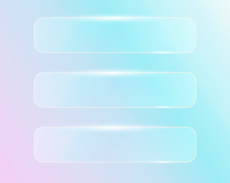 Transparent glass banners with light reflection effect, glassmorphic banners set on holographic iridescent background.