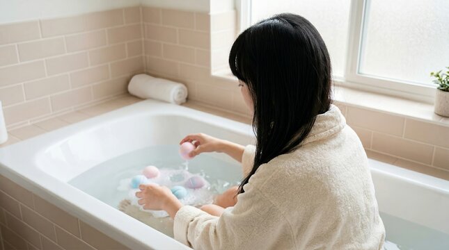 Woman in bathrobe dropping pink bath bomb into tub