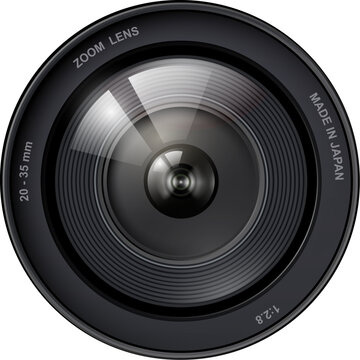 Camera photo lens icon isolated, professional DSLR zoom lens front view.