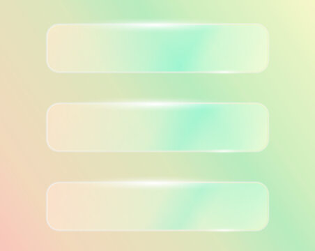 Transparent glass banners with light reflection effect, glassmorphic banners set on holographic iridescent background.
