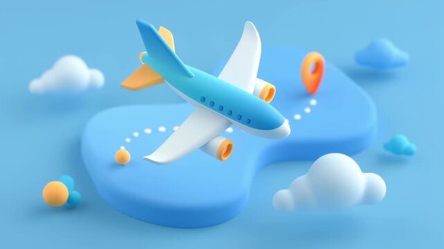Three dimensional animated airplane flying along a dotted line route over a stylized map with clouds and a destination marker, representing global travel, tourism, and logistics concepts