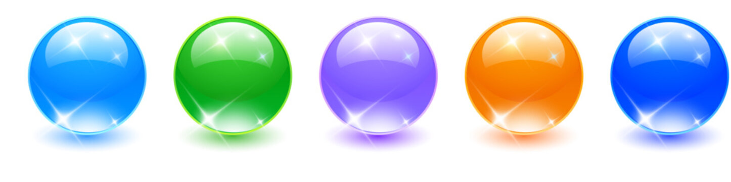 Colorful glass balls set, shiny spheres collection, 3D vector illustration.