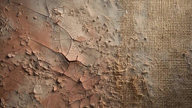 Conceptual Hunger Textures Featuring Stark Minimalist Canvas of Dried Cracked Ceramic Clay Seamlessly Merging into Distressed Faded Burlap Weave with Earthy Grain Dusting, Vector