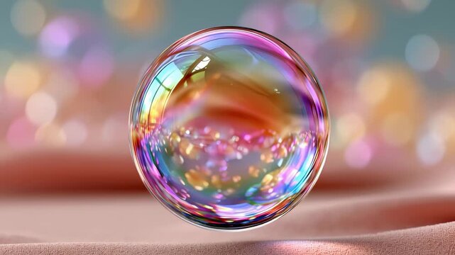 Transparent iridescent soap bubble floating and bouncing on a soft, rosy fabric surface. Multicolored bokeh lights creating a magical and dreamy atmosphere in the blurry background of the scene