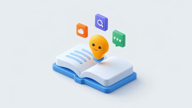 Animated lightbulb character representing a new idea emerges from an open book, with search, cloud, and chat icons floating above, symbolizing knowledge, innovation, and digital learning