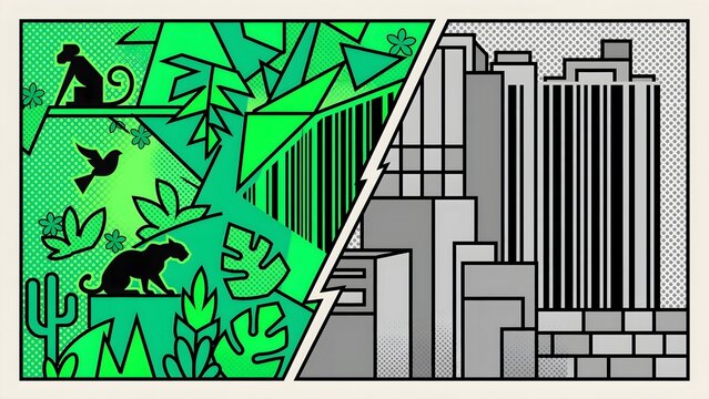 Minimalist Pop Art Transition from Green Jungle with Geometric Plants and Animal Silhouettes to Barcode and Rigid Concrete Structures