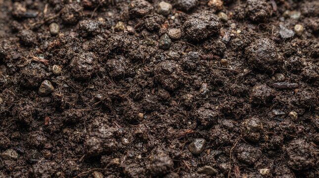 Rich dark soil texture, organic garden compost for planting, fertile black earth ground surface for agriculture and farming isolated PNG with Transparent Background