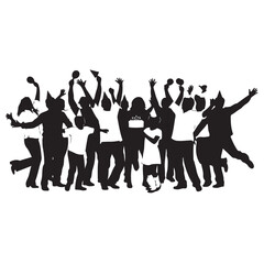 Fototapeta premium Black Silhouette of Large Crowd Dancing and Celebrating with Hands Raised, Energetic Party Design for Event, Festival, Poster, Banner and Card Illustration Isolated on White Background