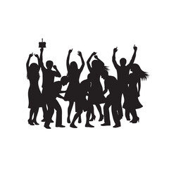 Fototapeta premium Black Silhouette of Group of People Dancing with Hands Raised, Joyful Crowd Celebration Design for Party, Festival, Poster, Banner and Card Illustration Isolated on White Background