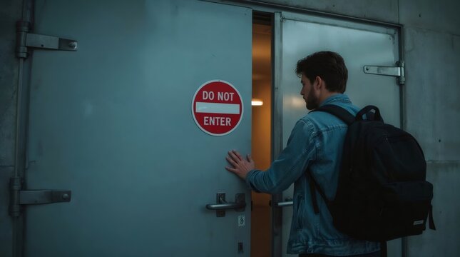 Man with backpack looking through partially open door with a do not enter sign, contemplating unknown risks
