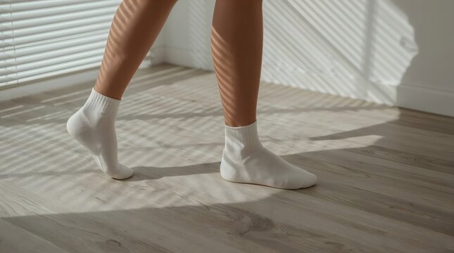 Person's legs moving on wooden floor with sunlight and shadow from blinds, enjoying home comfort