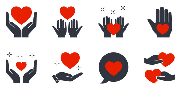 Set of hands holding red hearts, symbols of love, care, compassion, hope and support. Simple solid icons for charity, donation, healthcare, volunteering, gratitude, giving and human kindness.