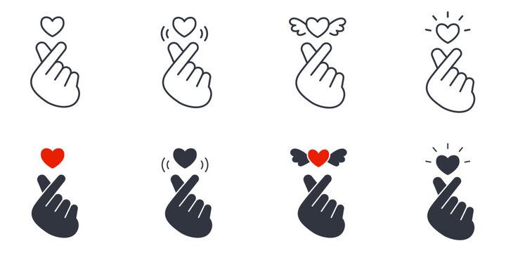 Korean finger heart gesture icon set in outline and solid styles. Cute Kpop love hand signs with hearts, wings and rays, symbol of affection and saranghae, isolated on white vector illustration.
