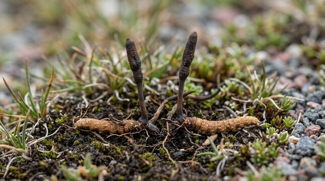 Rare Medicinal Caterpillar Fungus Growing In Natural Mountain Terrain