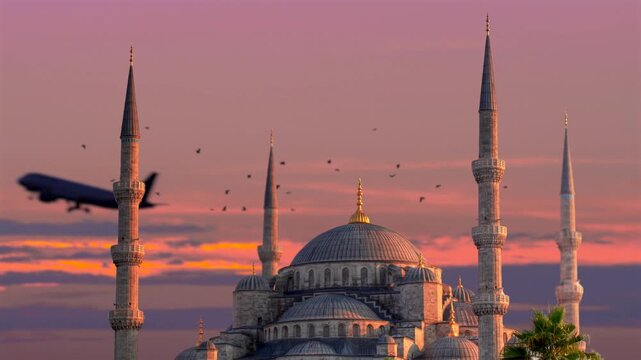 Sultan Ahmed Mosque in Istanbul at Sunset with Airplane
Sultan Ahmed Mosque Against Dramatic Sunset Sky
Cinematic footage of the Blue Mosque, also known as the Sultan Ahmed Mosque, in Istanbul, Turkey