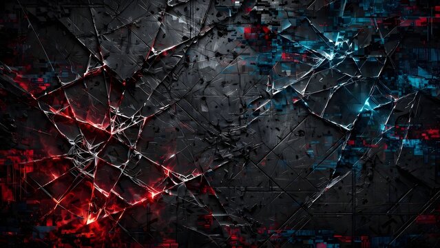 Abstract Digital Glitch Texture with Fractured Glass, Glitchy Noise Patterns, and Sharp Geometric Scratches on Matte Black Metal