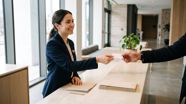 Hotel receptionist passing key card to guest at check in desk, close up hand giving room key card in luxury resort
