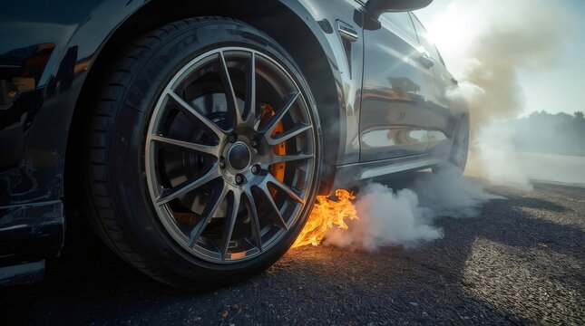 High performance car wheel igniting with flames and thick smoke, creating a dramatic scene of power and extreme friction