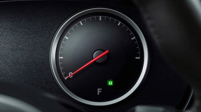Modern car dashboard fuel gauge showing full tank level, green battery indicator light, symbolizing energy and readiness